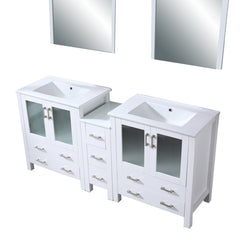 White Double Bath Vanity 72 in. W x 18.25 in. D, with Side Cabinets, White Ceramic Top, and 28 in. Mirrors