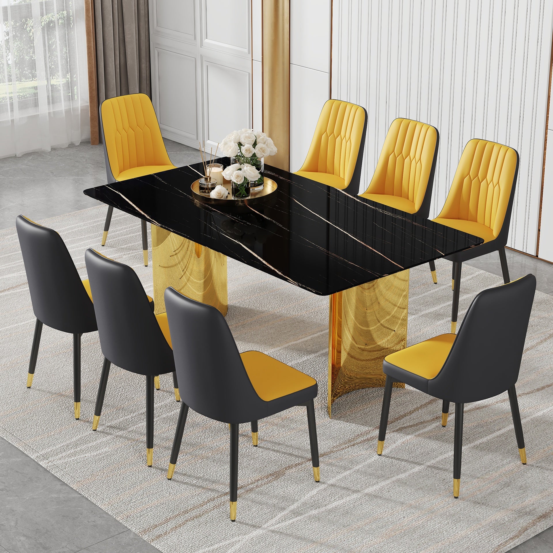 Table and chair set.The table has a glass top with imitation marble pattern stickers and stainless steel golden legs. Paried with 8 Orange and Dark Gray Spliced Color PU Dining Chairs.