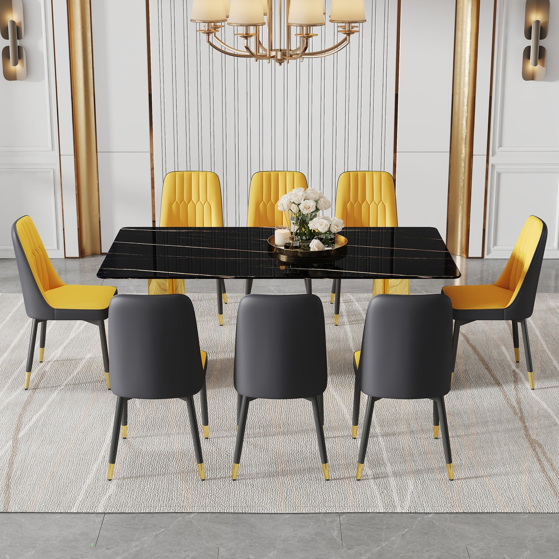 Table and chair set.The table has a glass top with imitation marble pattern stickers and stainless steel golden legs. Paried with 8 Orange and Dark Gray Spliced Color PU Dining Chairs.