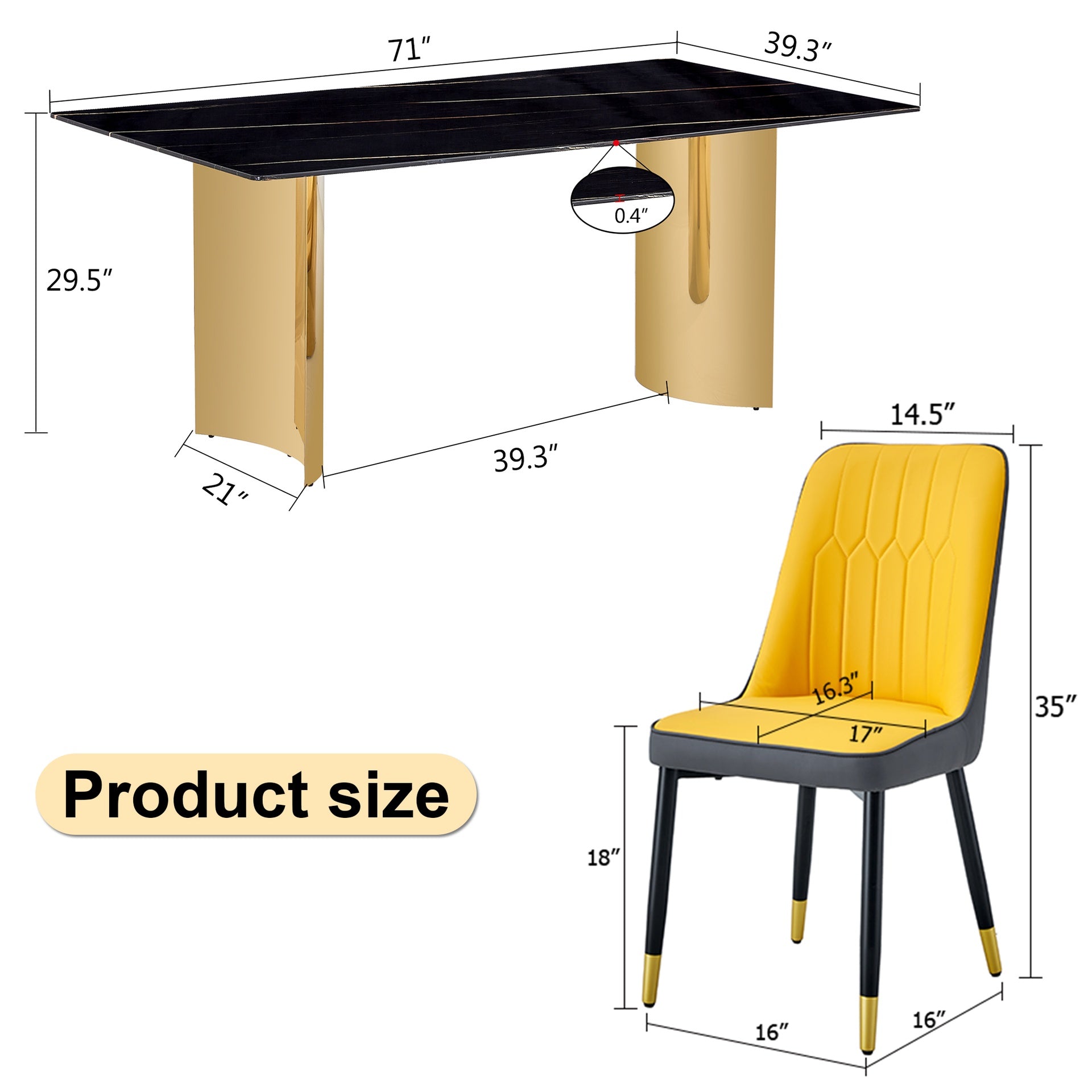 Table and chair set.The table has a glass top with imitation marble pattern stickers and stainless steel golden legs. Paried with 8 Orange and Dark Gray Spliced Color PU Dining Chairs.
