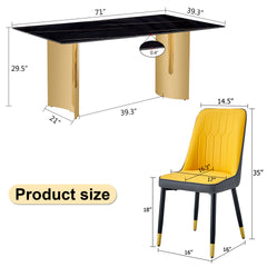 Table and chair set.The table has a glass top with imitation marble pattern stickers and stainless steel golden legs. Paried with 8 Orange and Dark Gray Spliced Color PU Dining Chairs.