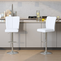 Modern White PU Bar Stool Set - 2-Piece, featuring vertical and smooth-lined backrests with trumpet-shaped silver metal legs. Ideal for placement in bars, living rooms, lounges, and similar settings.