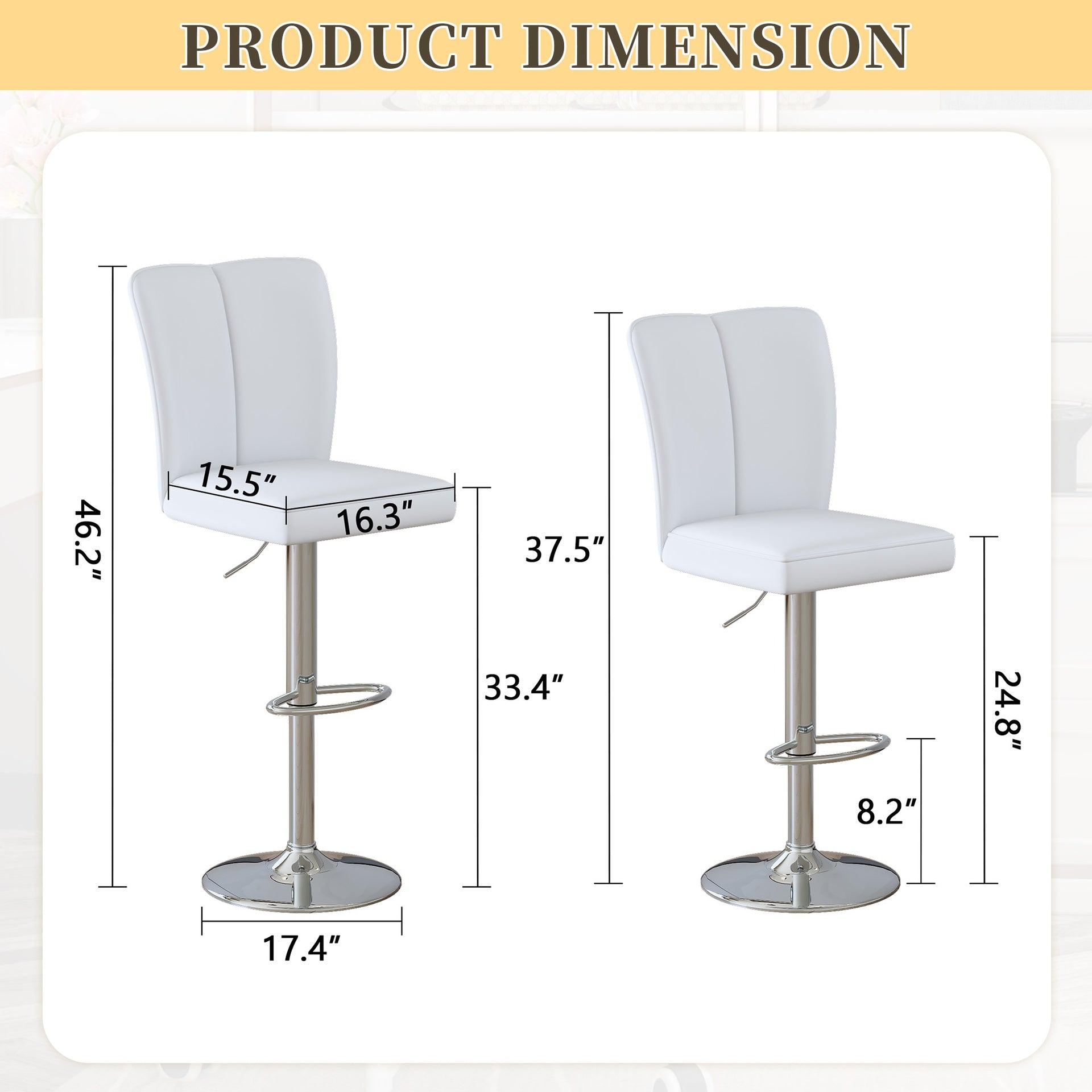 Modern White PU Bar Stool Set - 2-Piece, featuring vertical and smooth-lined backrests with trumpet-shaped silver metal legs. Ideal for placement in bars, living rooms, lounges, and similar settings.