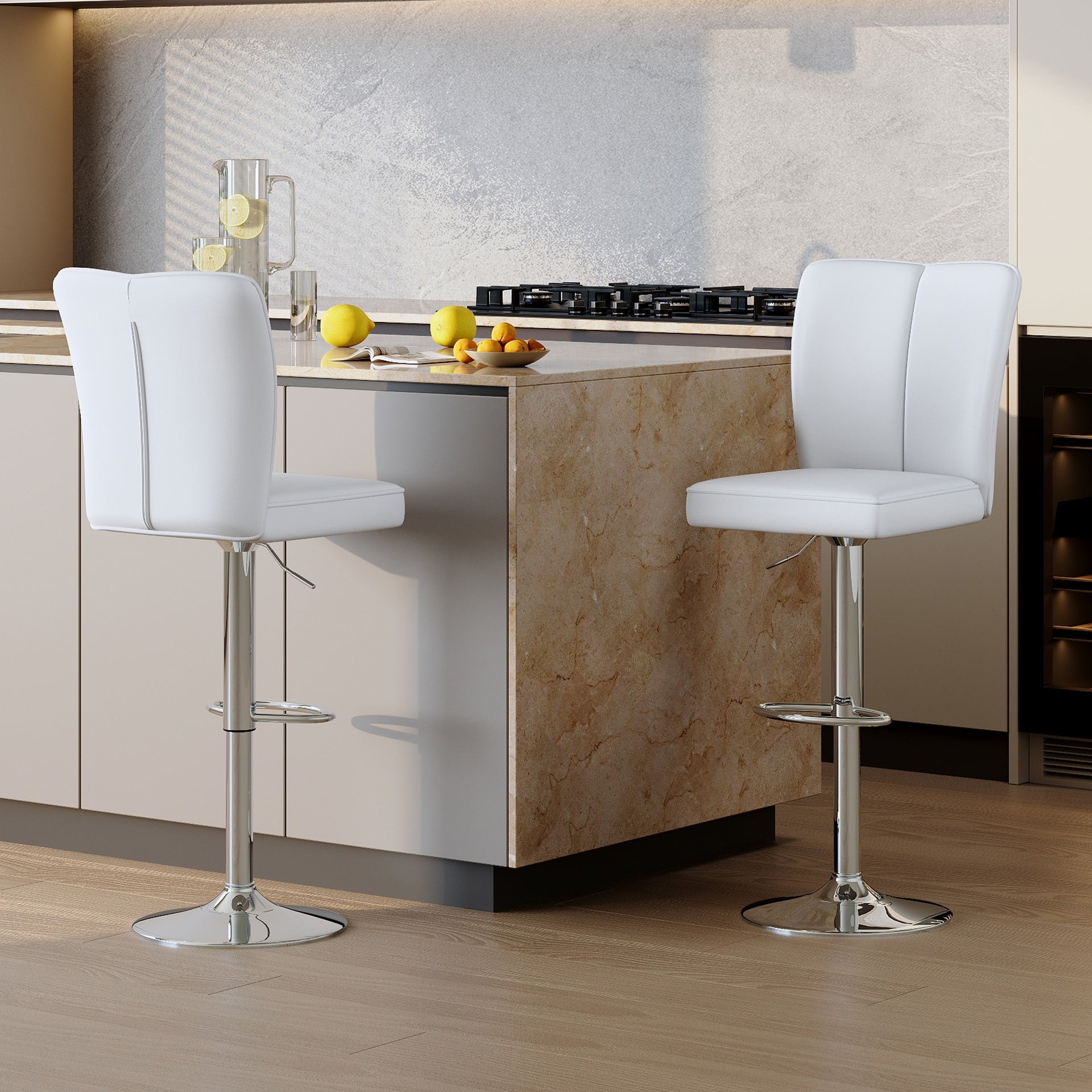 Modern White PU Bar Stool Set - 2-Piece, featuring vertical and smooth-lined backrests with trumpet-shaped silver metal legs. Ideal for placement in bars, living rooms, lounges, and similar settings.