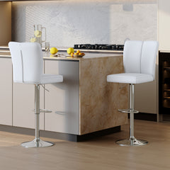 Modern White PU Bar Stool Set - 2-Piece, featuring vertical and smooth-lined backrests with trumpet-shaped silver metal legs. Ideal for placement in bars, living rooms, lounges, and similar settings.