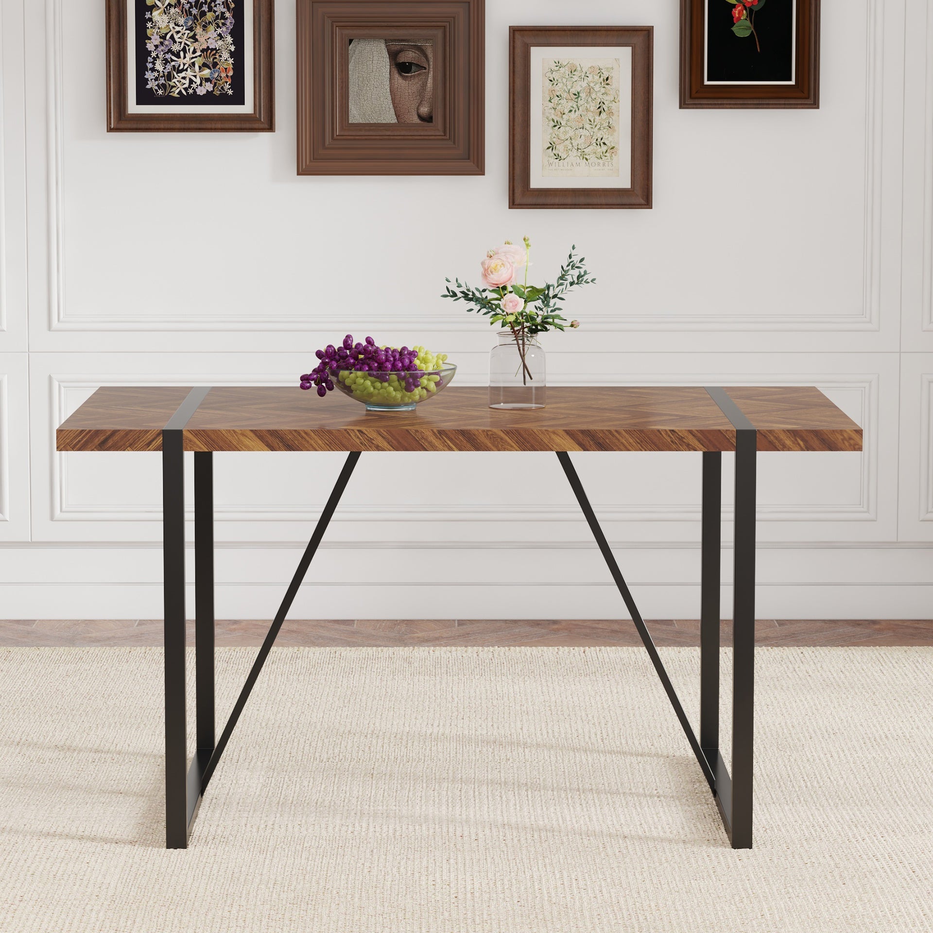 A minimalist retro rectangular dining table with a specially textured top and black metal legs.Contemporary Minimalist MDF Dark Wood Textured Tabletop.Able To Give People A Visual Beauty With Rules.