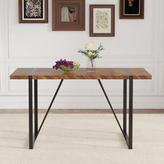 A minimalist retro rectangular dining table with a specially textured top and black metal legs.Contemporary Minimalist MDF Dark Wood Textured Tabletop.Able To Give People A Visual Beauty With Rules.
