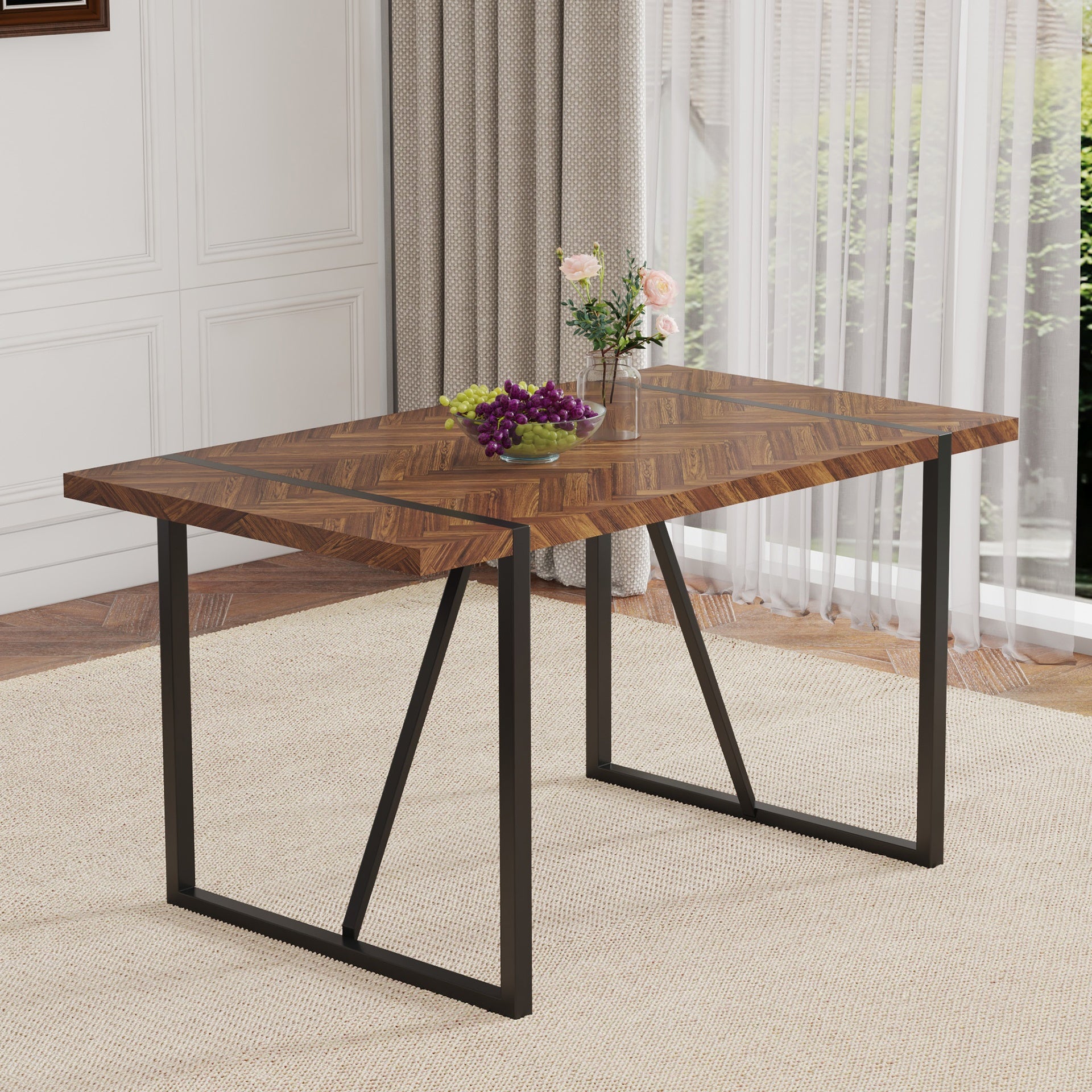 A minimalist retro rectangular dining table with a specially textured top and black metal legs.Contemporary Minimalist MDF Dark Wood Textured Tabletop.Able To Give People A Visual Beauty With Rules.