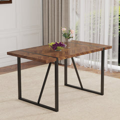 A minimalist retro rectangular dining table with a specially textured top and black metal legs.Contemporary Minimalist MDF Dark Wood Textured Tabletop.Able To Give People A Visual Beauty With Rules.