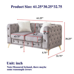 FX 61.25-inch Modern Luxury Velvet Sofa with Chesterfield Quilted Button Accents, Includes 2 Pillows and Metal Legs
