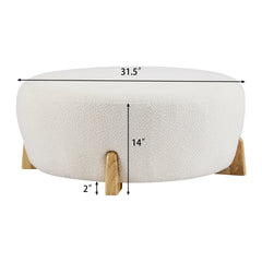Modish Round Ottoman: BoucleTop with Splayed Rubber Wood Legs, White