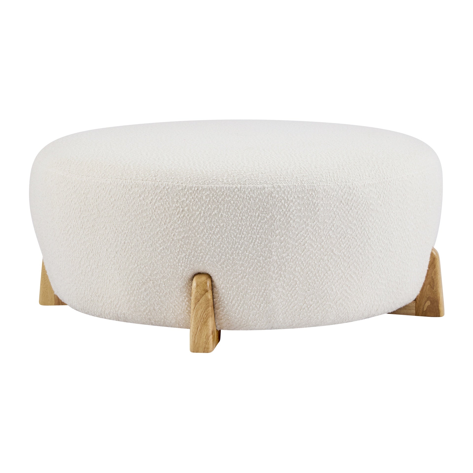 Modish Round Ottoman: BoucleTop with Splayed Rubber Wood Legs, White