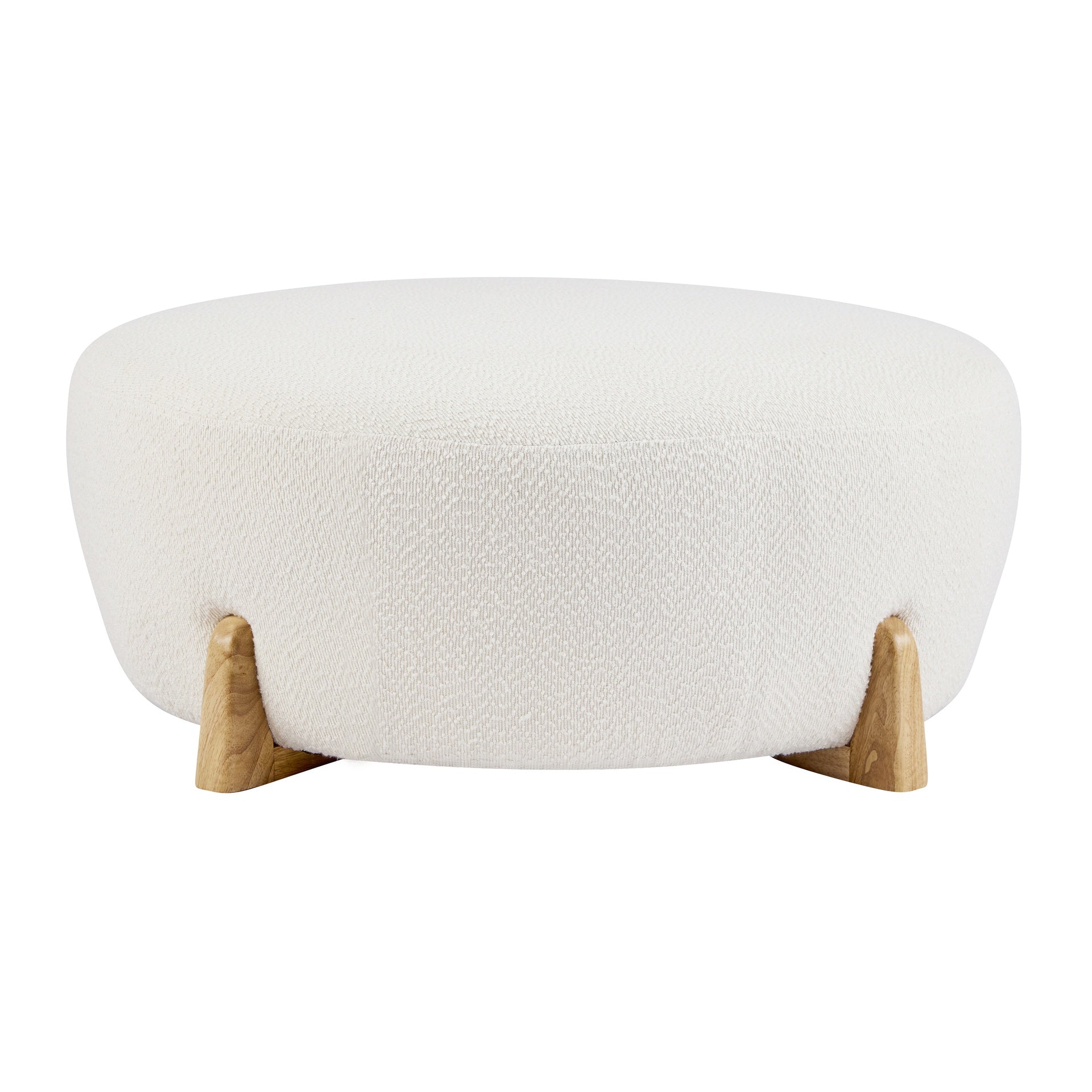 Modish Round Ottoman: BoucleTop with Splayed Rubber Wood Legs, White