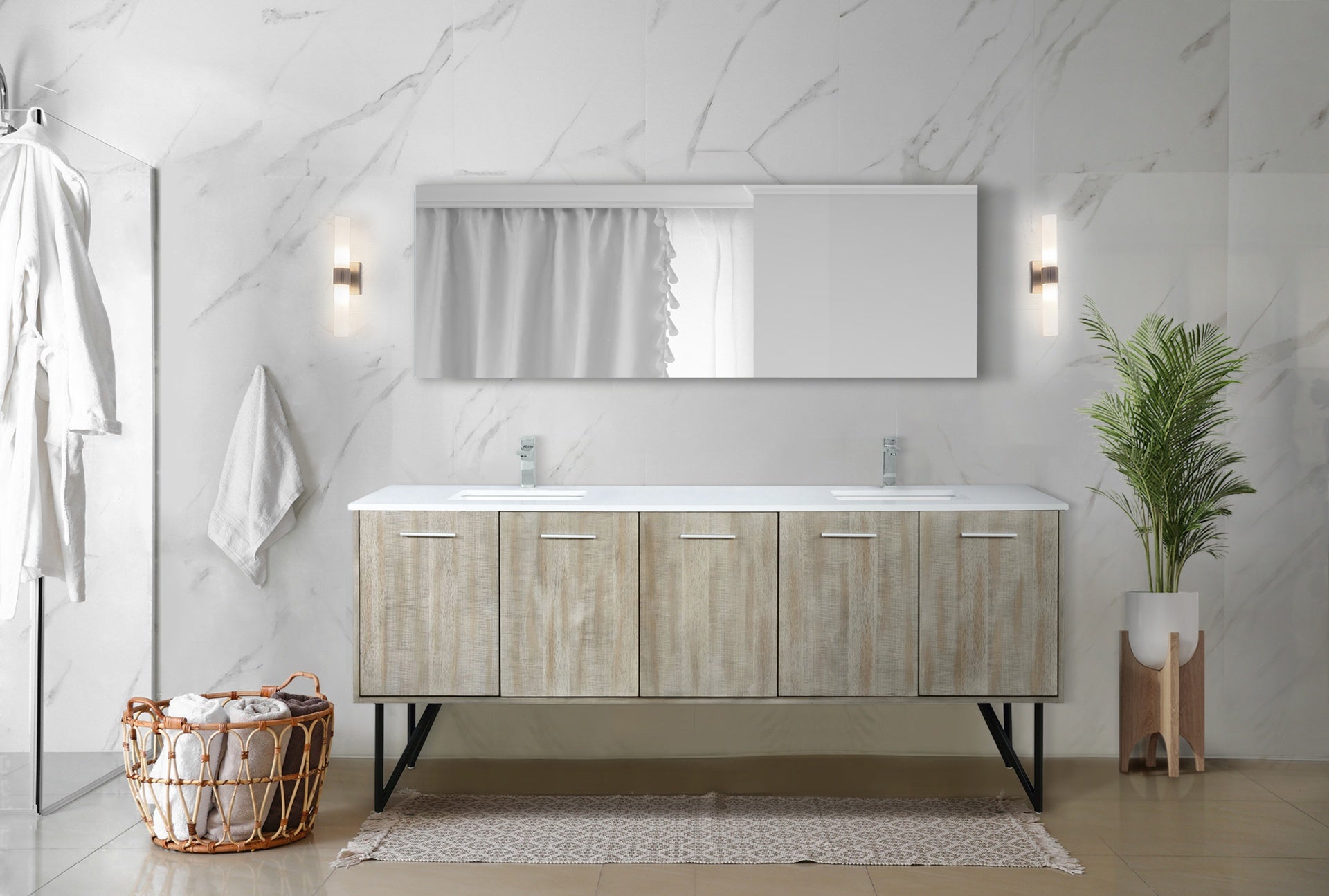 Rustic Acacia Double Bath Vanity 80 in. W x 20 in. D, White Quartz Top and Chrome Faucet Set