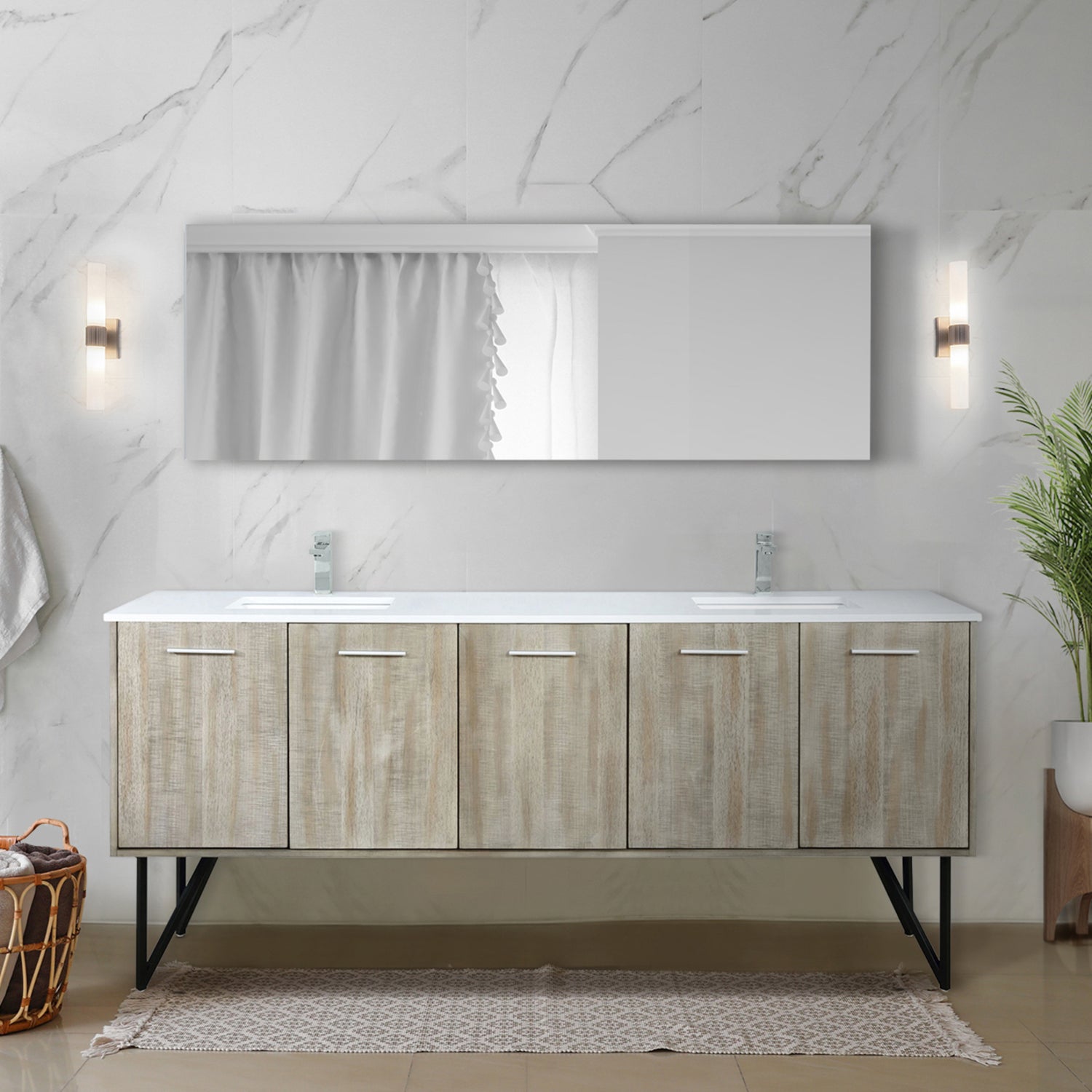 Rustic Acacia Double Bath Vanity 80 in. W x 20 in. D, White Quartz Top and Chrome Faucet Set