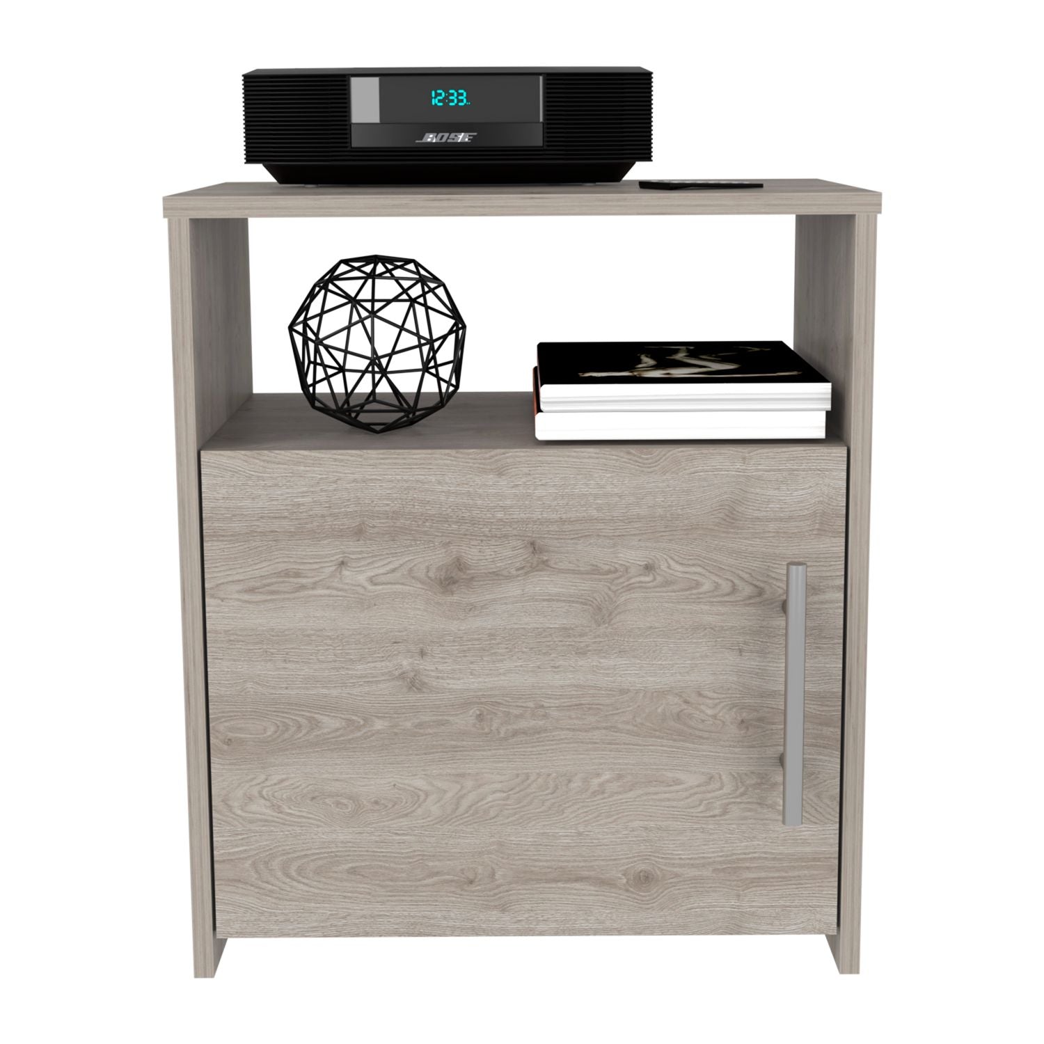 Nightstand, Single Door Cabinet, Metal Handle, One Shelf, Superior Top, Light Gray
