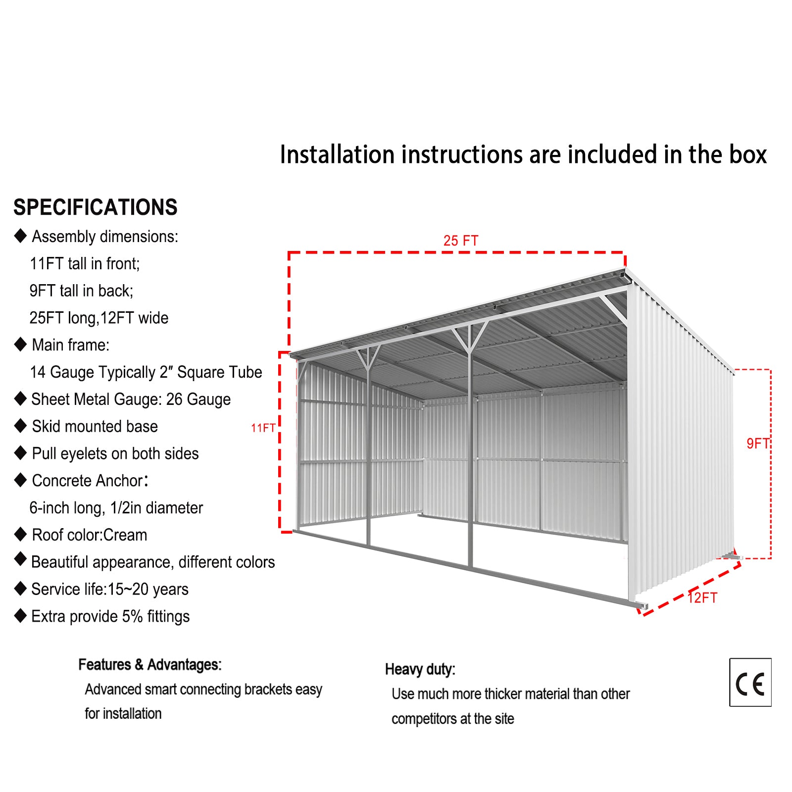 25FT x 12FT Metal Farm  Shed -Heavy-Duty Steel Shelter for Driveway & Equipment Storage Shed