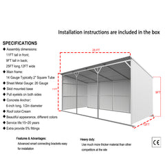 25FT x 12FT Metal Farm  Shed -Heavy-Duty Steel Shelter for Driveway & Equipment Storage Shed