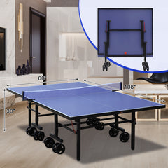 DOUBLE FISH Blue Folding Rolling 9×5 FT Table Tennis Table Indoor And Outdoor Table Tennis Table, 2 Rackets, 3 Balls, 1 Net And 8 Wheels Set Behind It For Easy Movement