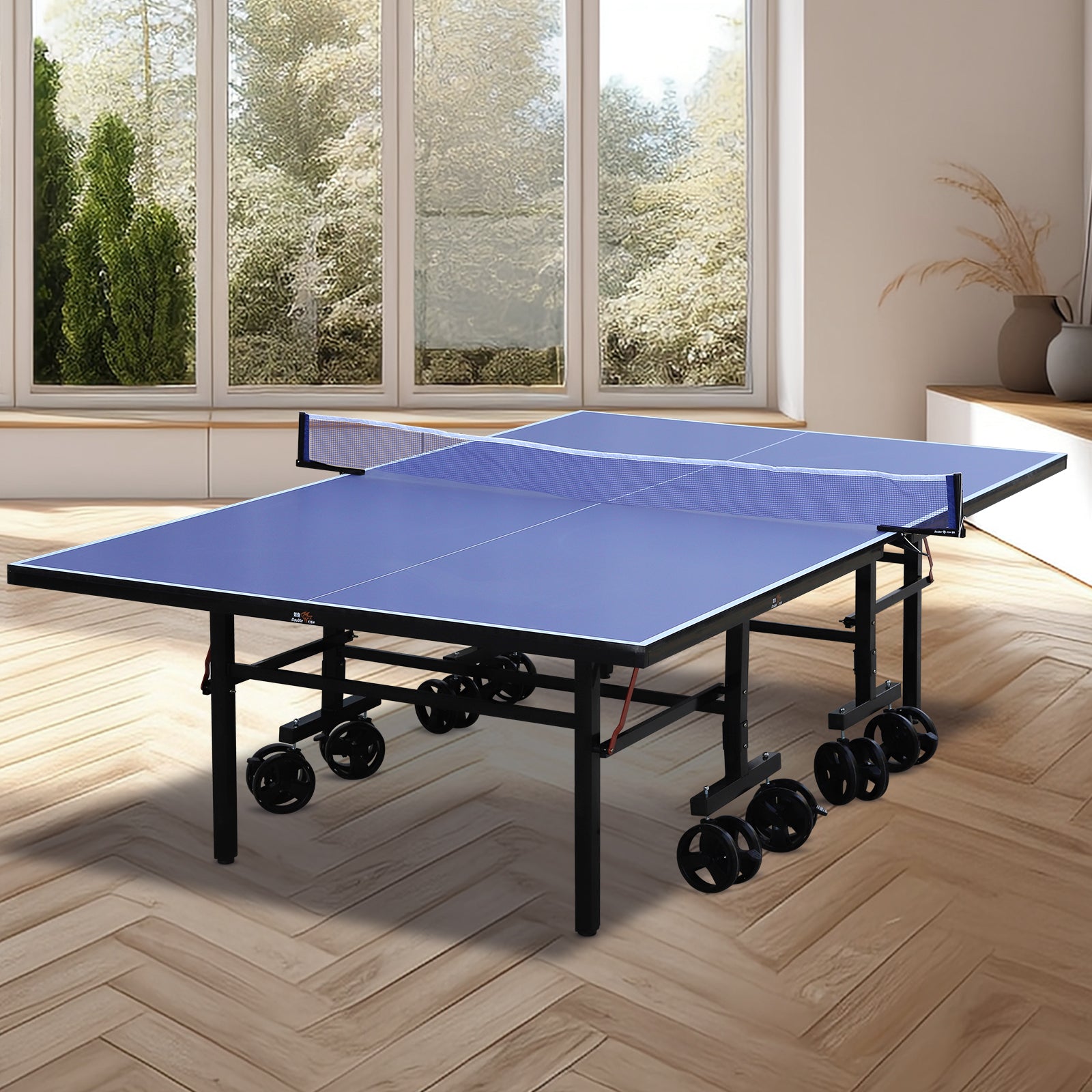 DOUBLE FISH Blue Folding Rolling 9×5 FT Table Tennis Table Indoor And Outdoor Table Tennis Table, 2 Rackets, 3 Balls, 1 Net And 8 Wheels Set Behind It For Easy Movement