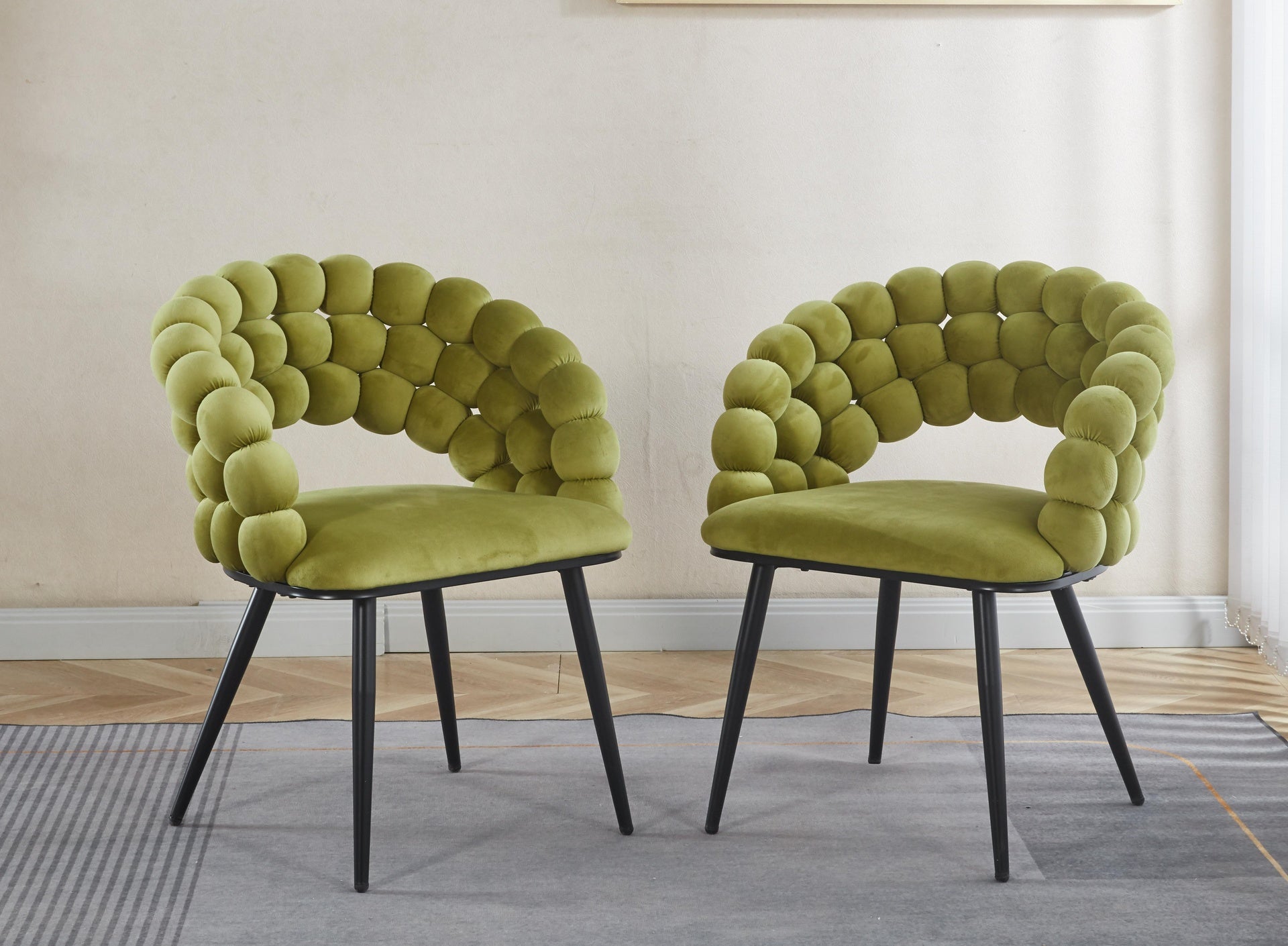 Green Modern chair(set of 2 ) with golden color iron tube legs,  soft cushions and comfortable backrest, suitable for dining room, living room, cafe,hairball back