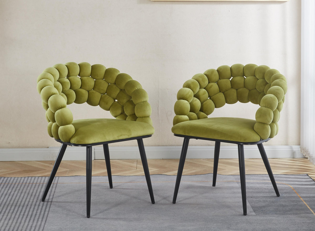Green Modern chair(set of 2 ) with golden color iron tube legs,  soft cushions and comfortable backrest, suitable for dining room, living room, cafe,hairball back