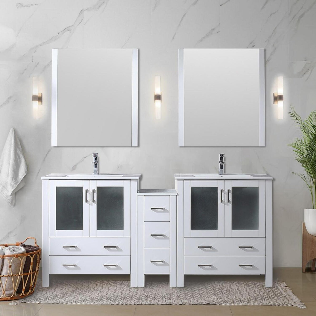 White Double Bath Vanity 72 in. W x 18.25 in. D, with Side Cabinet, and White Ceramic Top