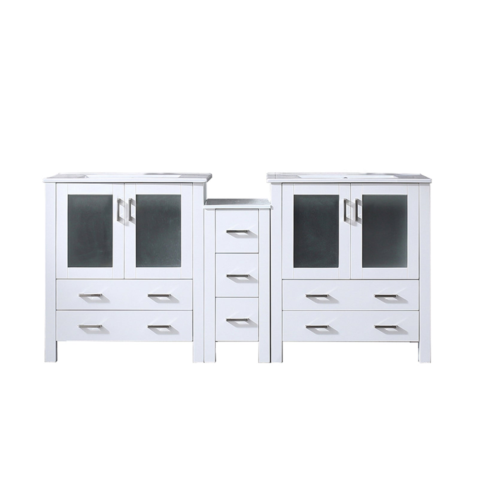 White Double Bath Vanity 72 in. W x 18.25 in. D, with Side Cabinet, and White Ceramic Top