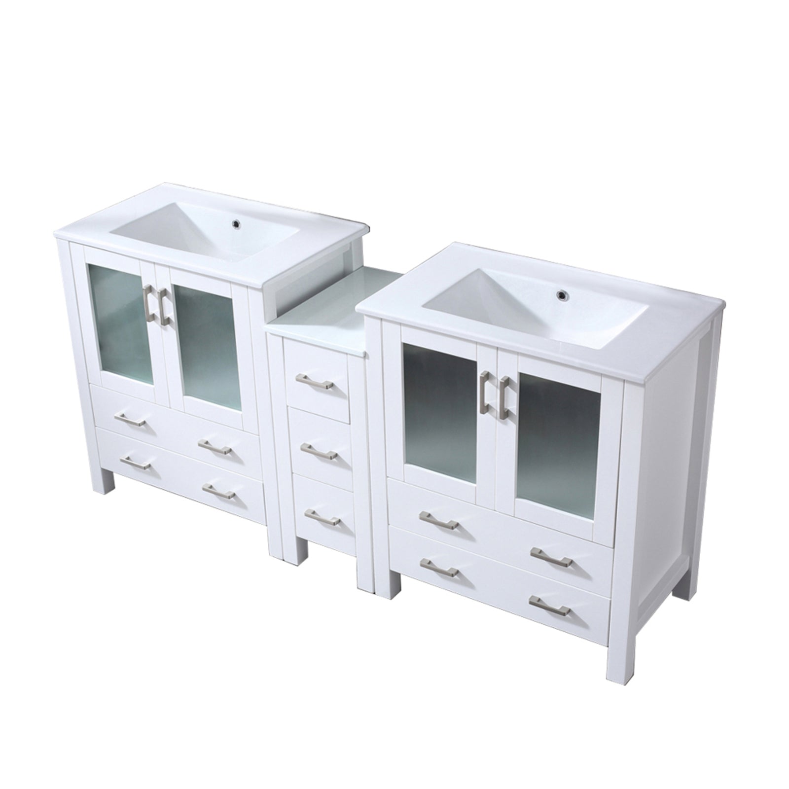 White Double Bath Vanity 72 in. W x 18.25 in. D, with Side Cabinet, and White Ceramic Top