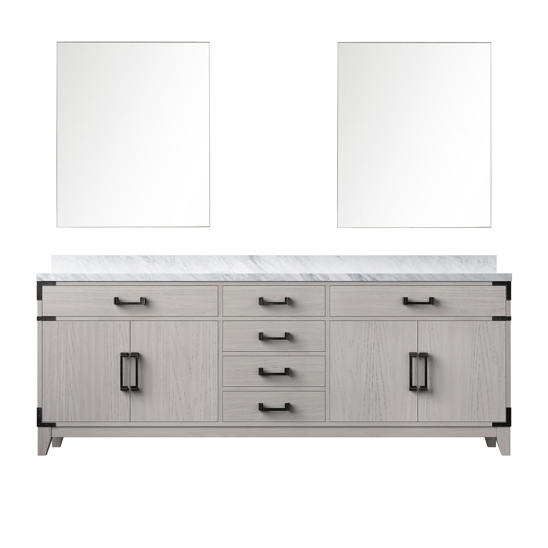 White Oak Double Bath Vanity 84 in. W x 22 in. D, Carrara Marble Top, and 36 in. Mirrors