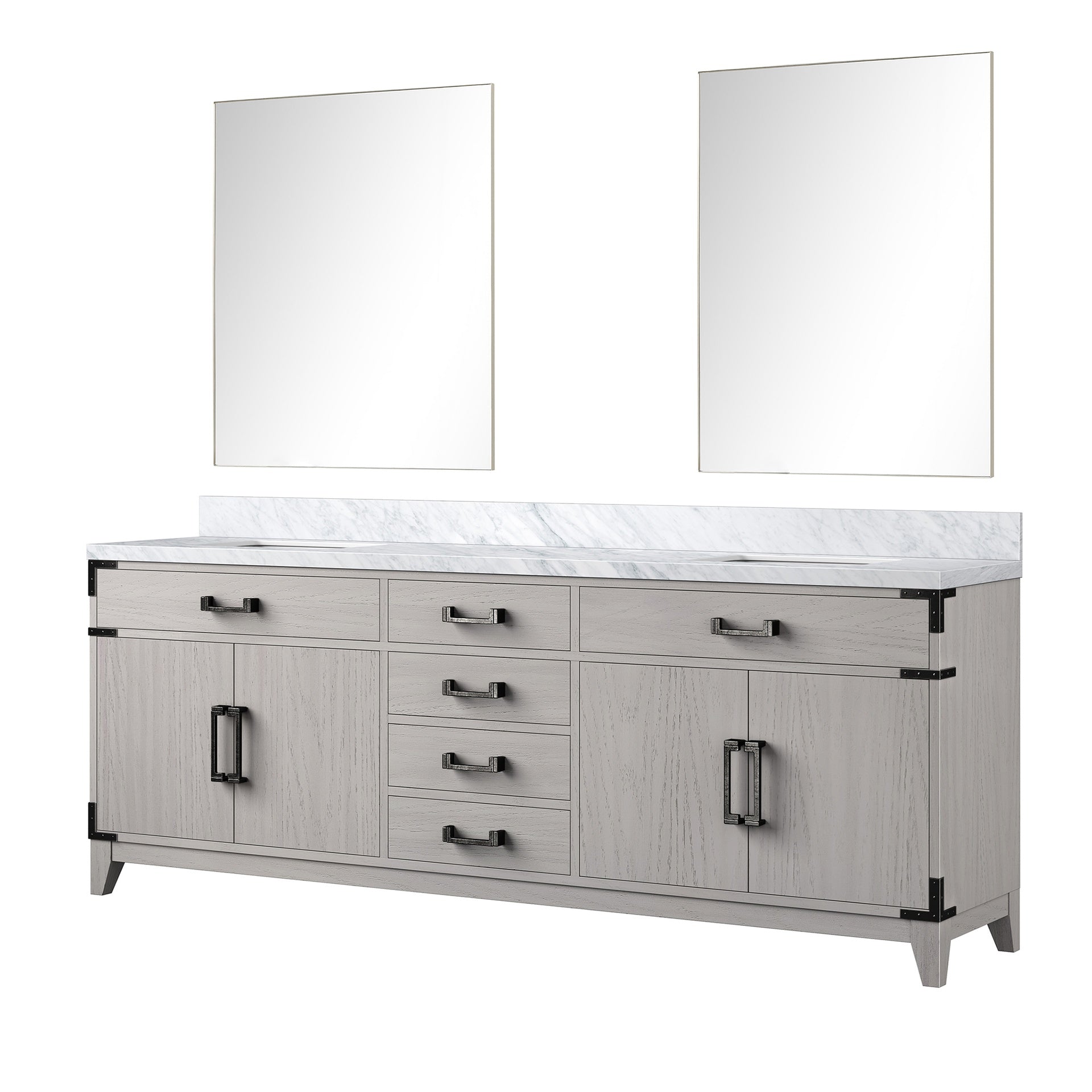 White Oak Double Bath Vanity 84 in. W x 22 in. D, Carrara Marble Top, and 36 in. Mirrors