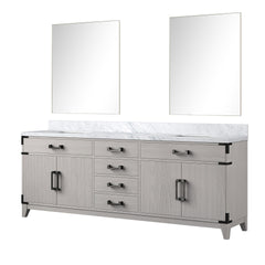 White Oak Double Bath Vanity 84 in. W x 22 in. D, Carrara Marble Top, and 36 in. Mirrors