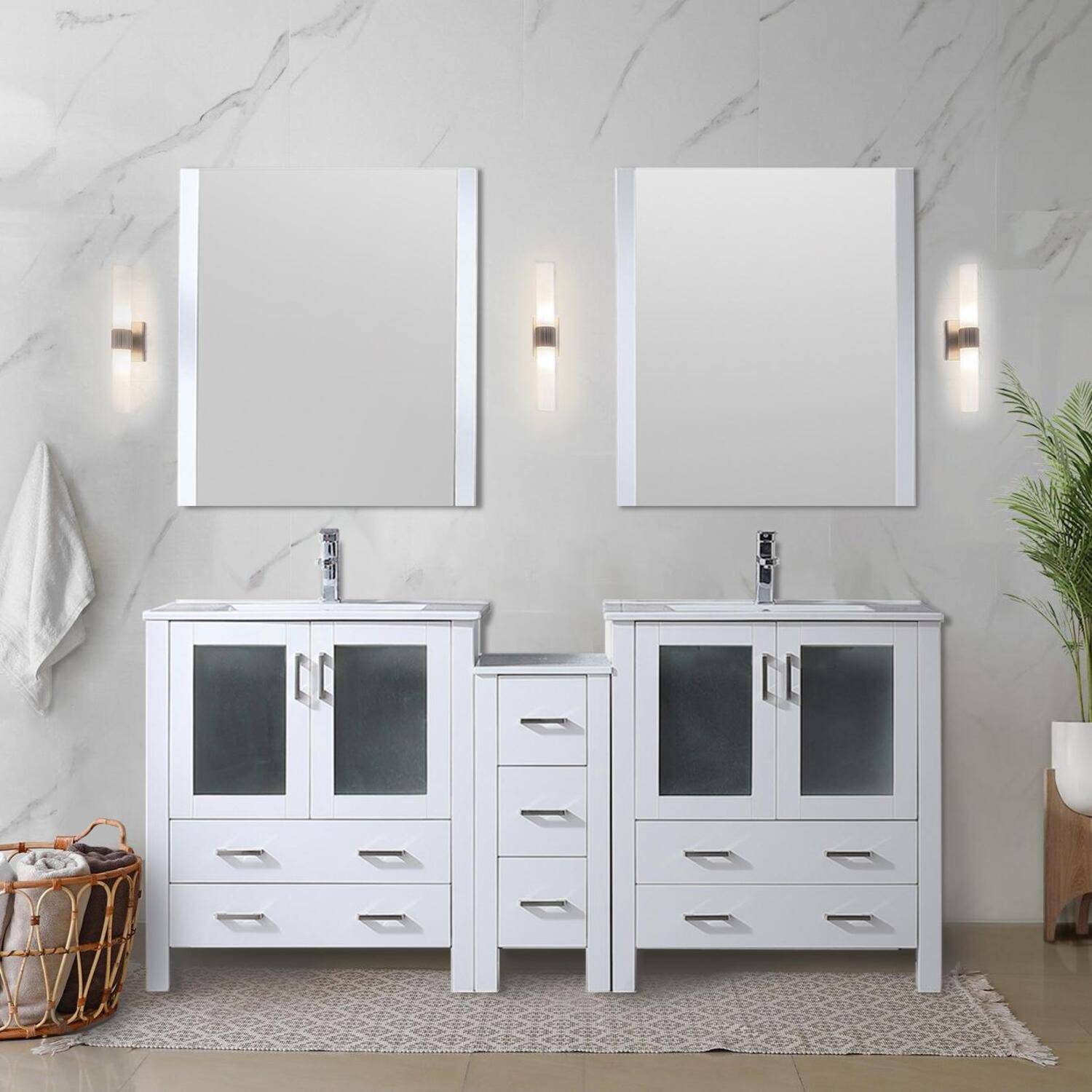 White Double Bath Vanity 72 in. W x 18.25 in. D, with Side Cabinets, Faucet Set, White Ceramic Top, and 28 in. Mirrors