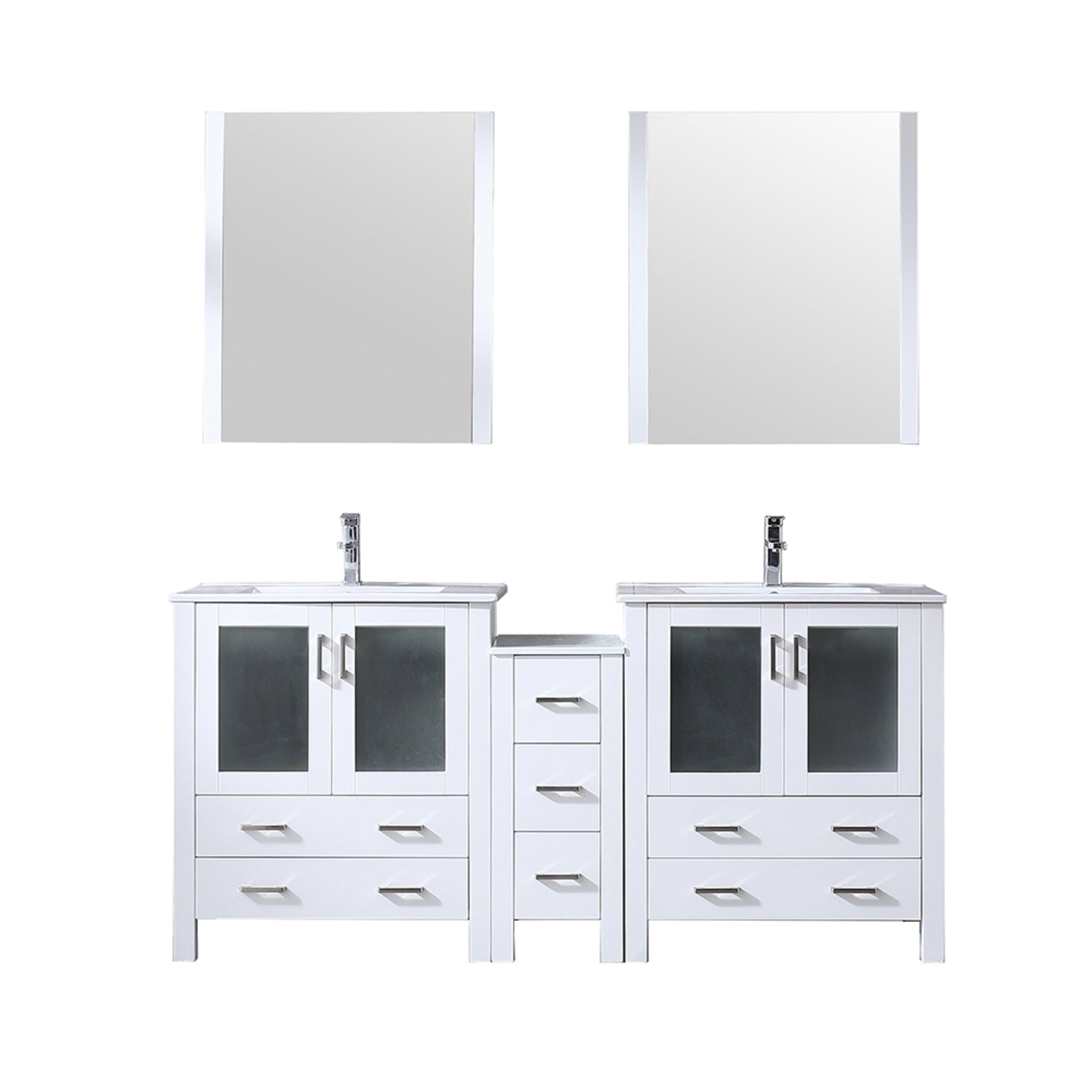 White Double Bath Vanity 72 in. W x 18.25 in. D, with Side Cabinets, Faucet Set, White Ceramic Top, and 28 in. Mirrors