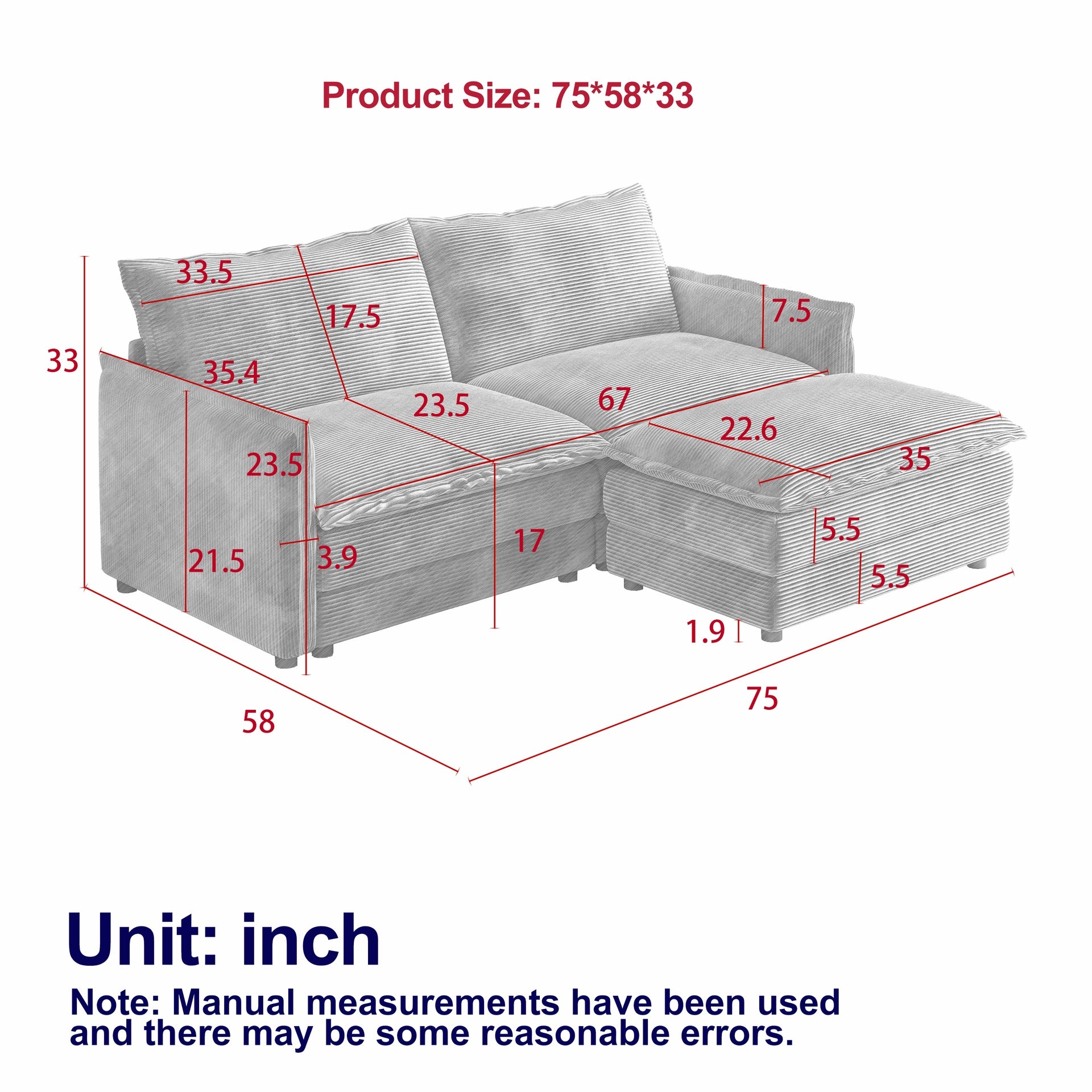 Corduroy Fabric Loveseat Sofa Couch with 1 Footrest for Living Room,2 Seater L-Shaped Sectional with Ottoman, Upholstered Large Size Deep Seat 2-Seat Sofa with 2 cushions