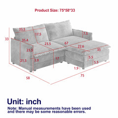 Corduroy Fabric Loveseat Sofa Couch with 1 Footrest for Living Room,2 Seater L-Shaped Sectional with Ottoman, Upholstered Large Size Deep Seat 2-Seat Sofa with 2 cushions