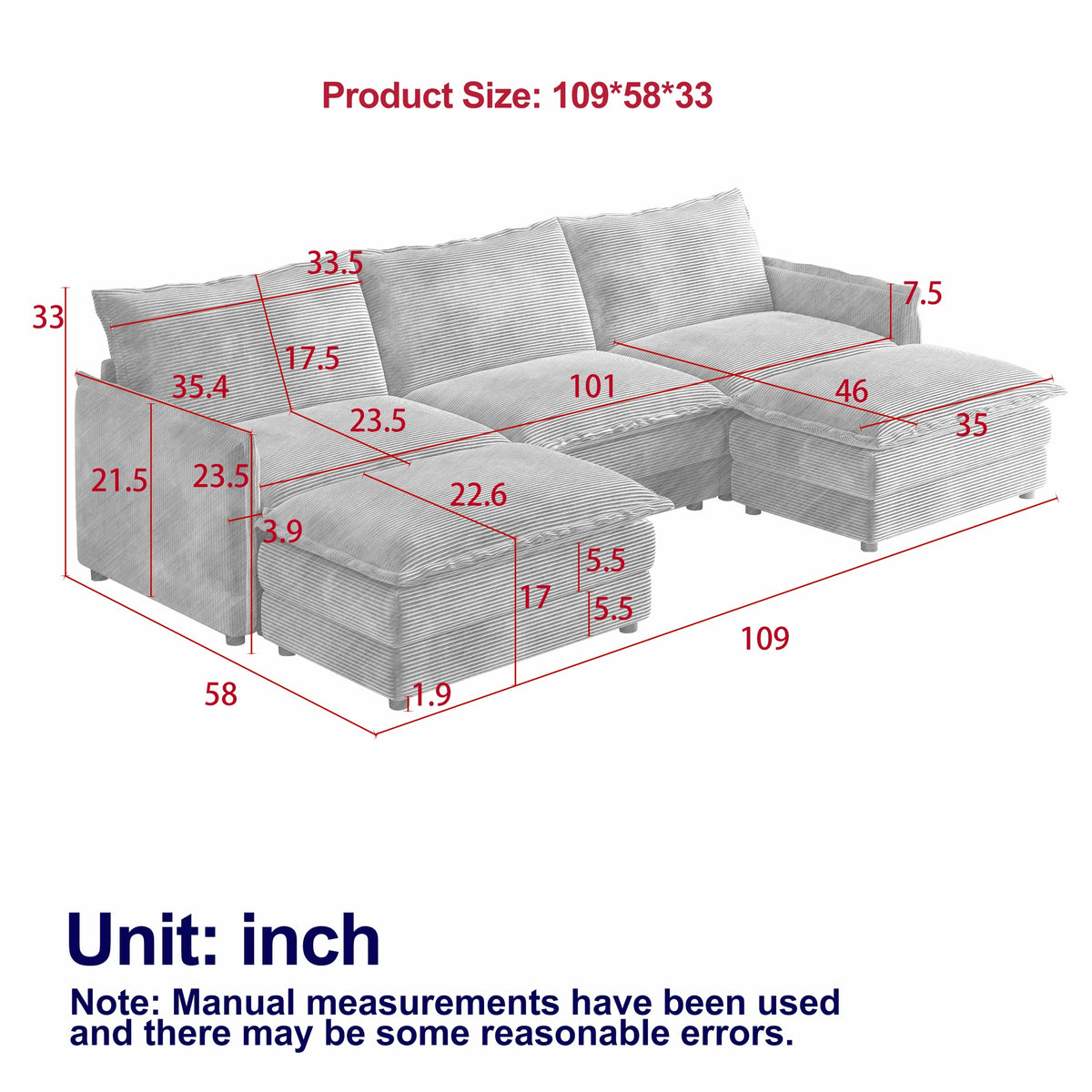 Corduroy Fabric 3-Seater Comfy Cloud Couch with 2 Movable Footrest for Living Room,Oversized Deep Seat U Shaped Couch Set, Upholstered Large Size Deep Seat 2-Seat Sofa with 3 cushions