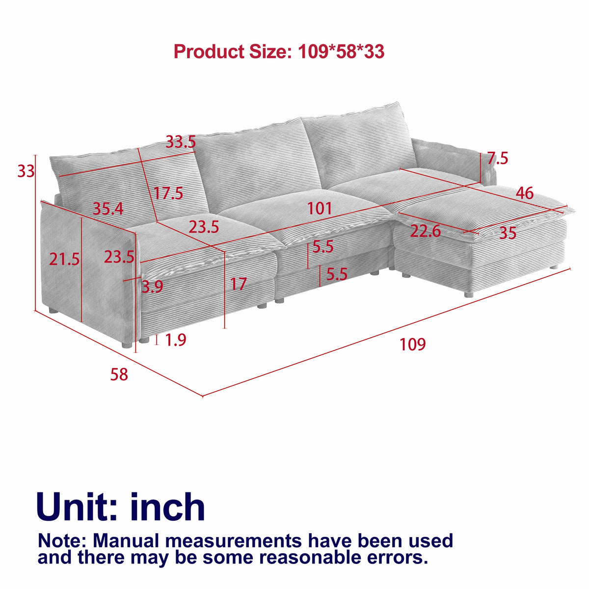 Corduroy Fabric 3-Seater Comfy Cloud Couch with Movable Footrest for Living Room,Oversized Deep Seat L Shaped Couch Set, Upholstered Large Size Deep Seat L Shaped sofa with 3 cushions