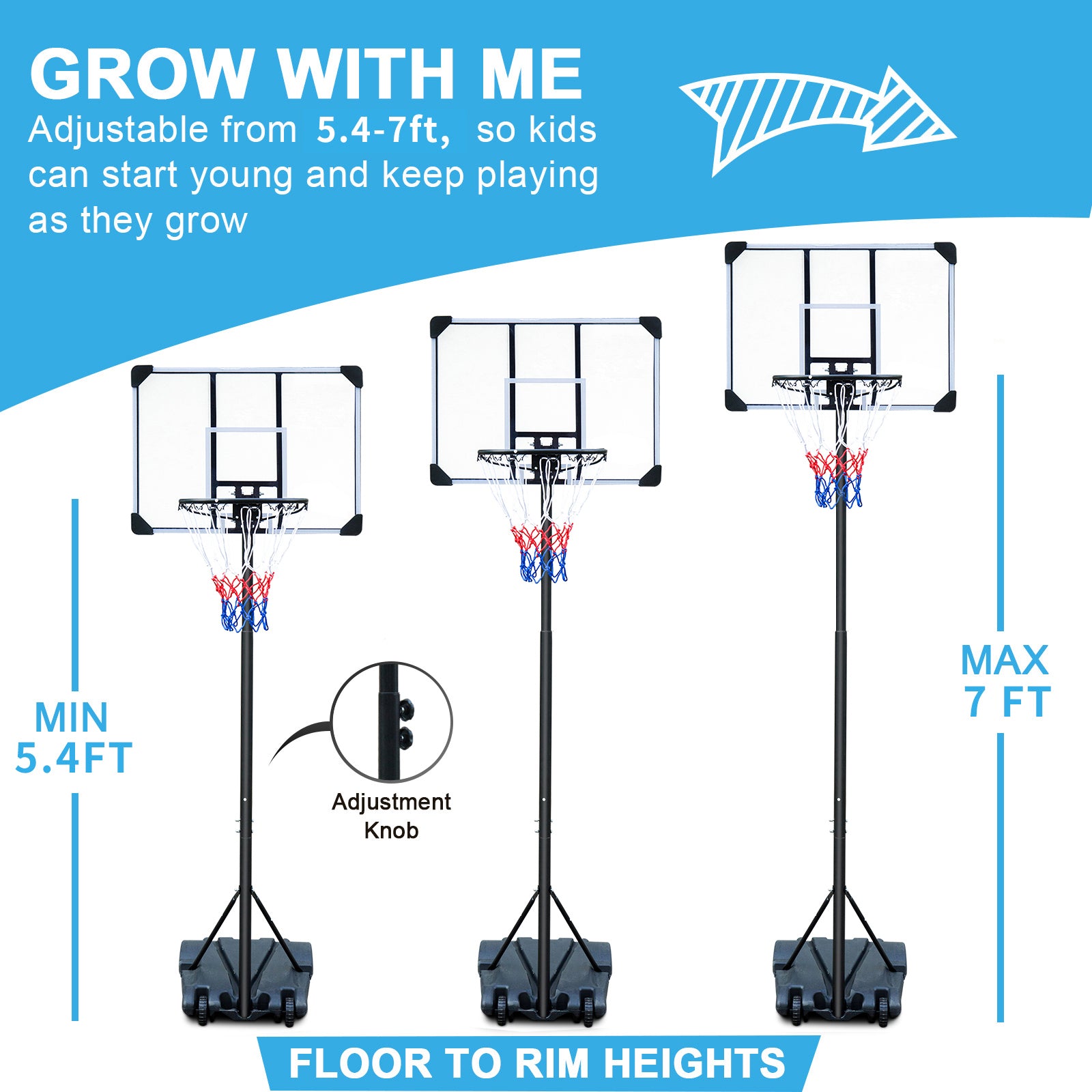 Portable Basketball Hoop Stand with Wheels for Kids Youth Adjustable Height 5.4ft - 7ft Use for Indoor Outdoor Basketball Goals Play Set
