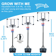 Portable Basketball Hoop Stand with Wheels for Kids Youth Adjustable Height 5.4ft - 7ft Use for Indoor Outdoor Basketball Goals Play Set