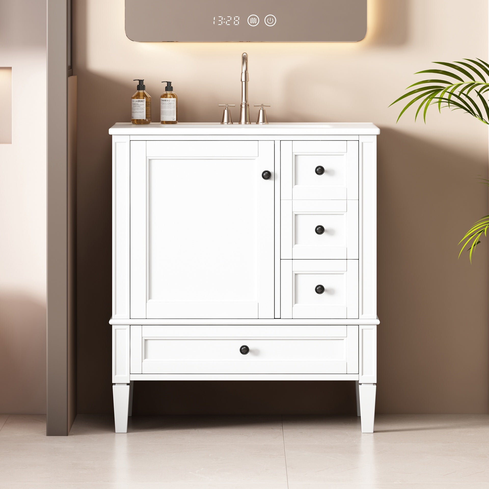 30 Inch Bathroom Vanity with Ceramic Sink, White Bathroom with 3 Drawers, Solid Wood Frame Modern Bathroom Storage Cabinet , Ideal for Home