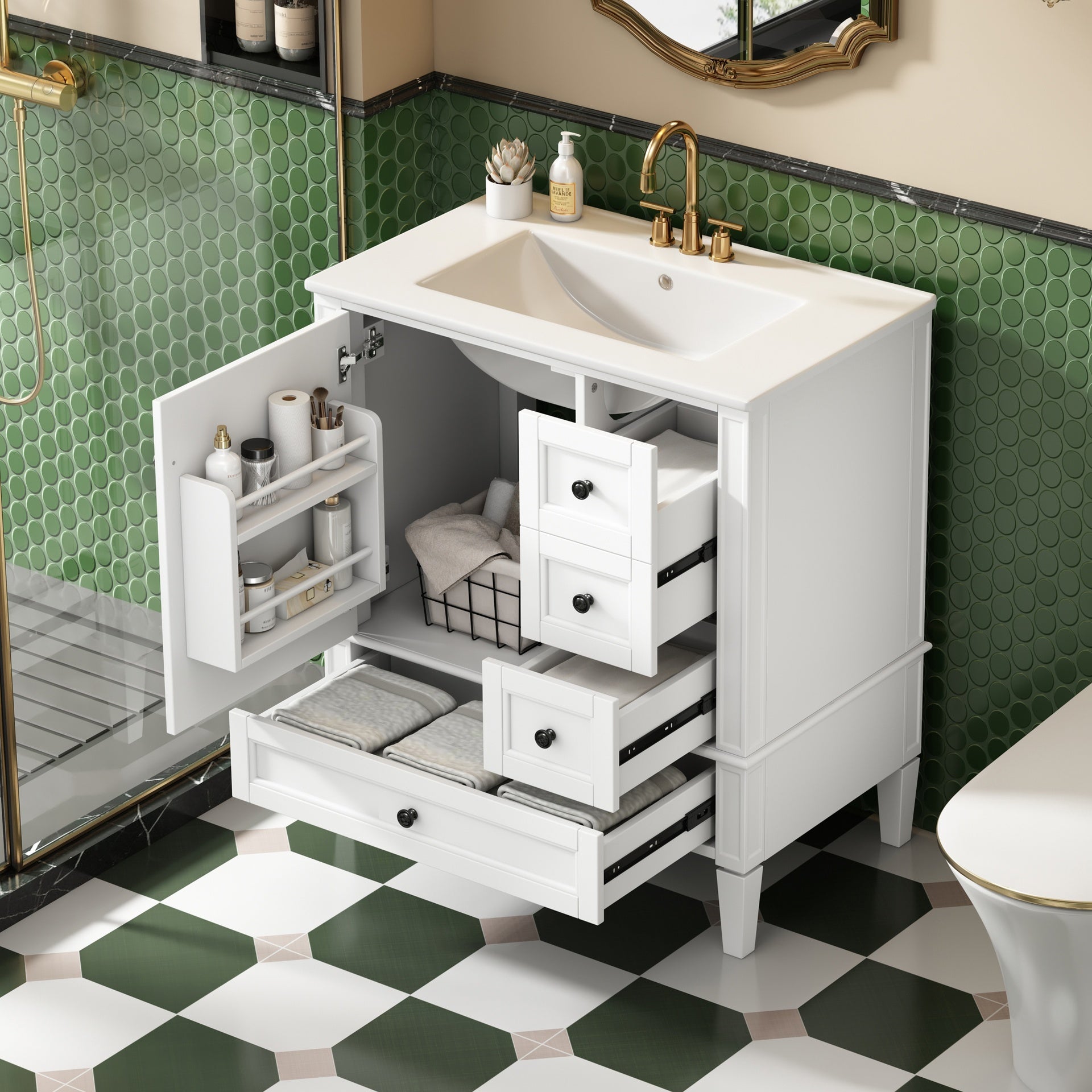 30 Inch Bathroom Vanity with Ceramic Sink, White Bathroom with 3 Drawers, Solid Wood Frame Modern Bathroom Storage Cabinet , Ideal for Home