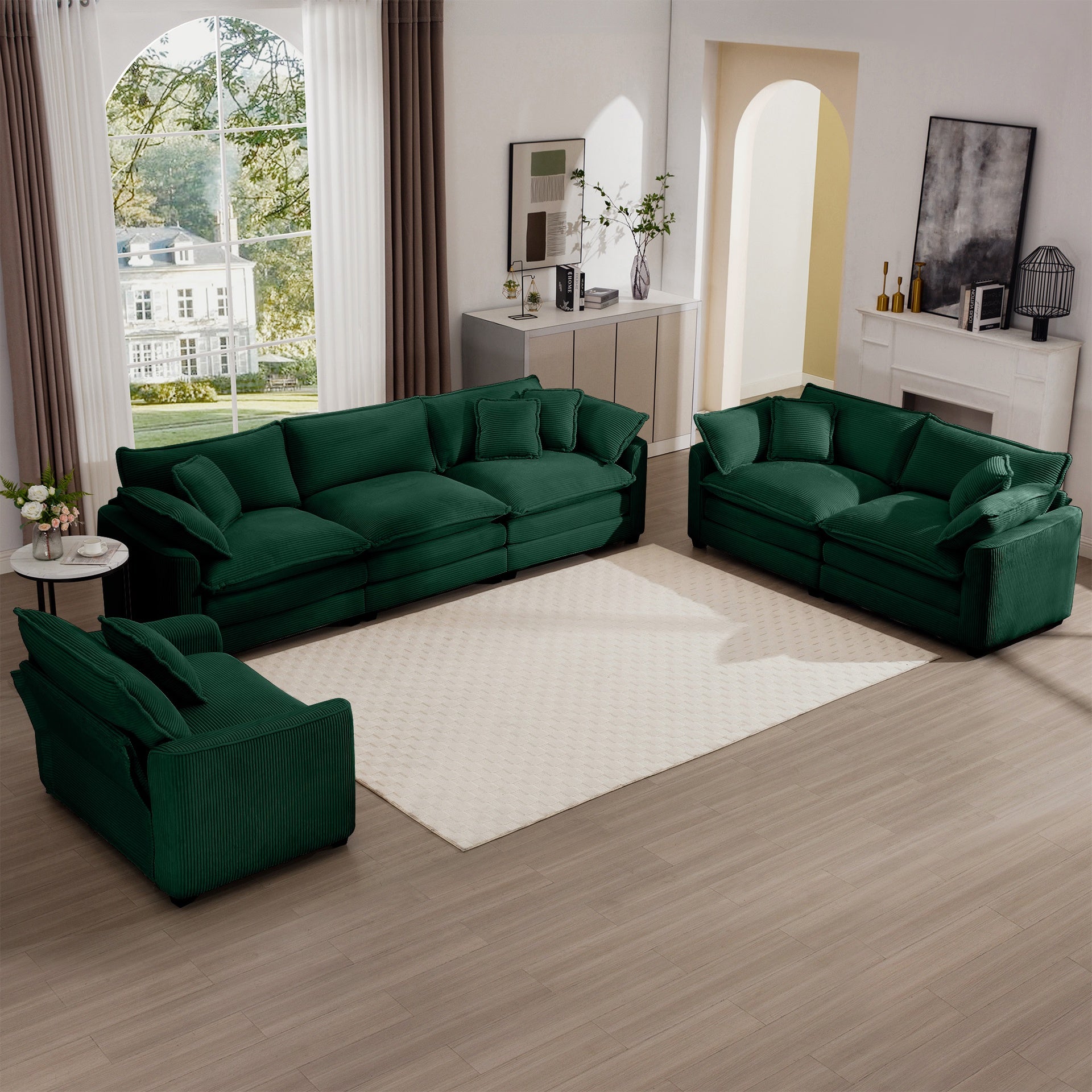 3 Piece Sectional Sofa Oversized Sectional Sofa Comfortable Sectional Sofa , One Single Sectional Sofa, One 2-Seater Sofas, One 3-Seater Sofas Green Corduroy Deep Seat Sofa