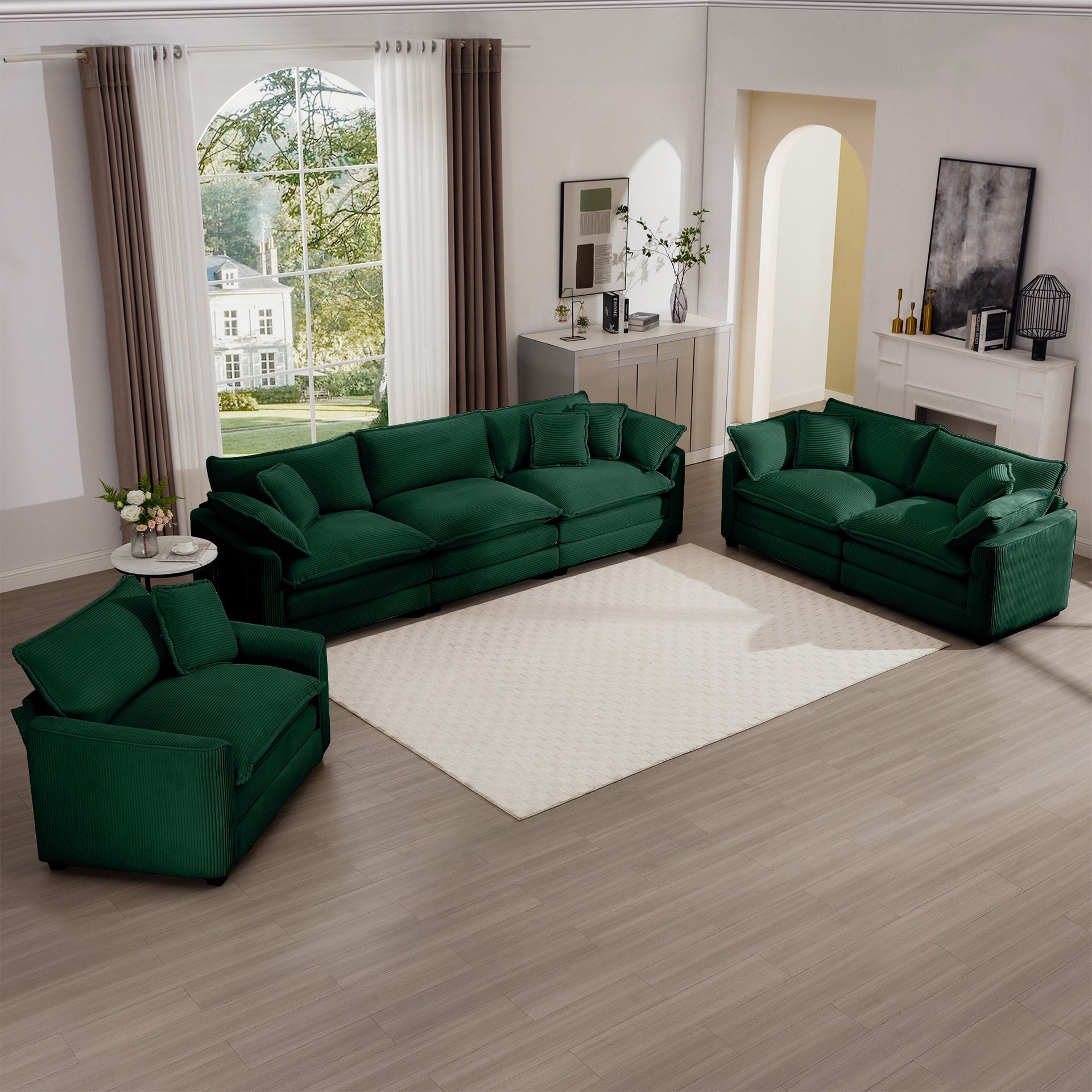 3 Piece Sectional Sofa Oversized Sectional Sofa Comfortable Sectional Sofa , One Single Sectional Sofa, One 2-Seater Sofas, One 3-Seater Sofas Green Corduroy Deep Seat Sofa