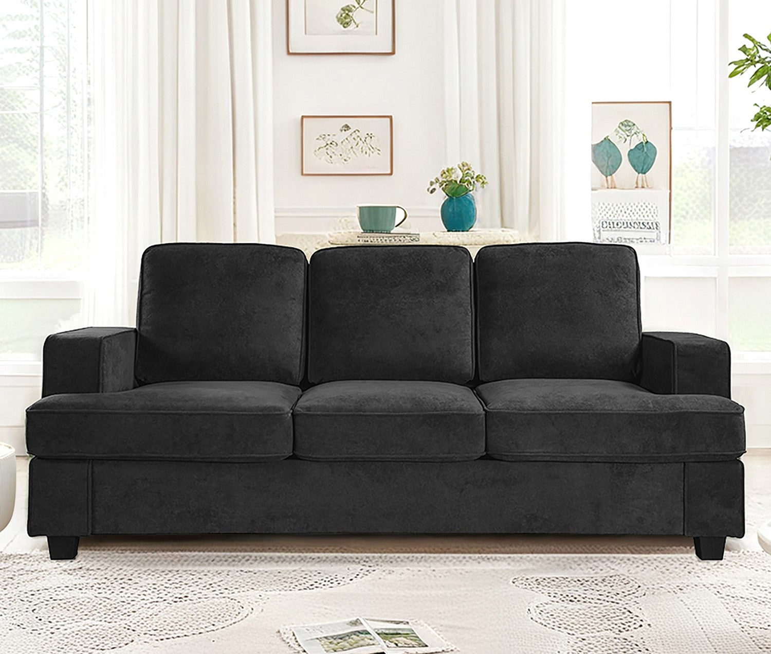 Modern Velvet Sofa, Comfortable 3 Seater Couch with Deep Seating and High-Density Foam, Loose Back Cushions, Wide Arms, Living Room Furniture for Home, Apartment, Office, Black