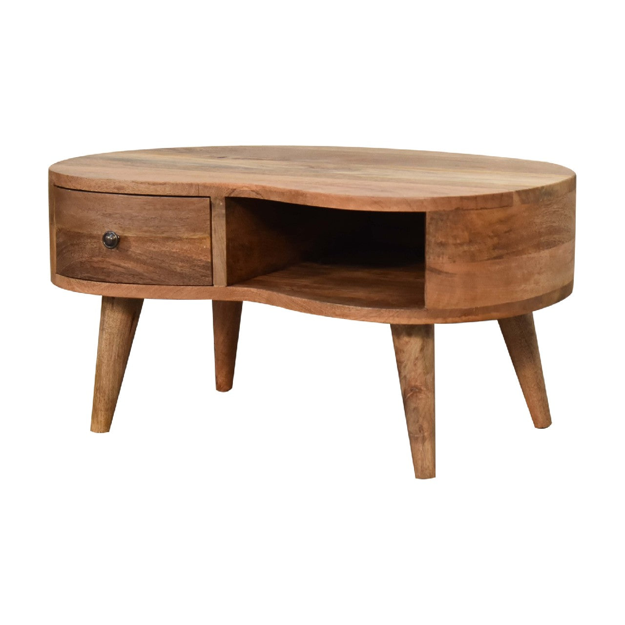 Solid Wood Mini Oak-ish Wave Coffee Table, 1-Drawer, 1 Open Slot, Nordic Legs, Light Brown,