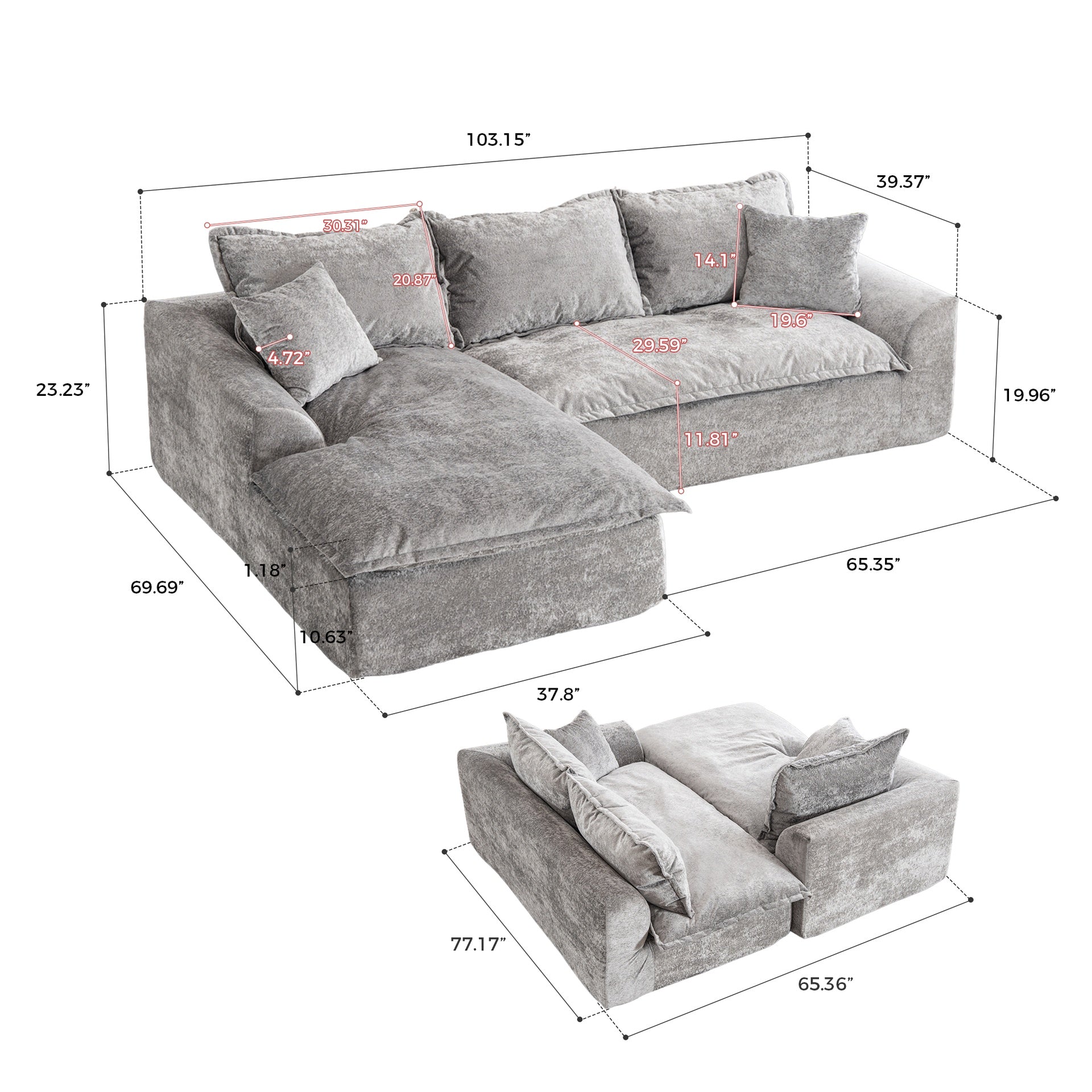 103" Cloud Sectional Couch with L - Shape Chaise, Boneless Modern Modular Large - Segment Sofa for Living Room, No Assembly Required(Gray)