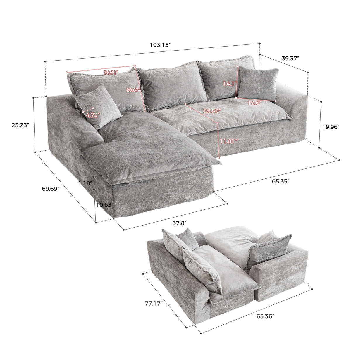 103" Cloud Sectional Couch with L - Shape Chaise, Boneless Modern Modular Large - Segment Sofa for Living Room, No Assembly Required(Gray)