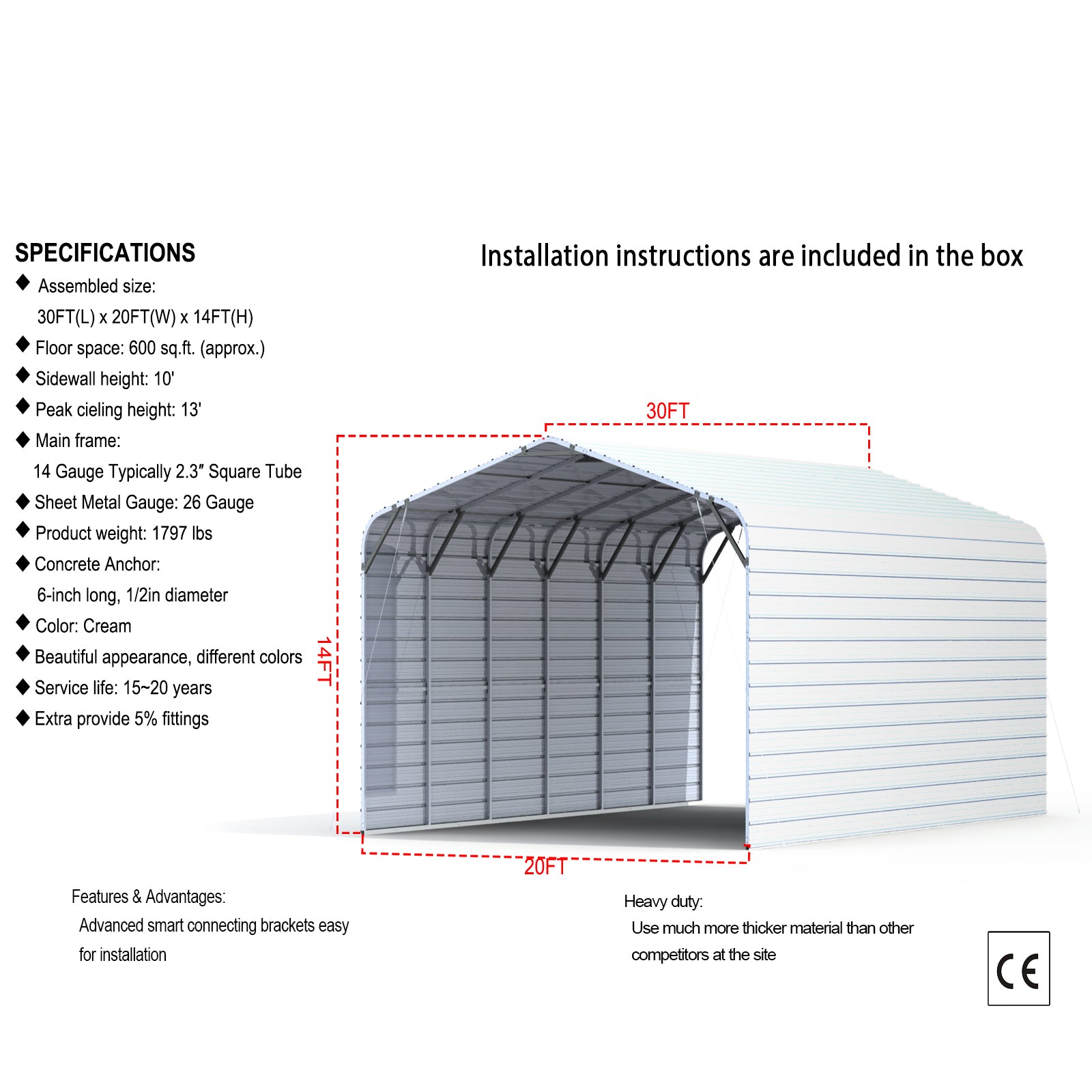 20FT x 30FT Metal Garage – Heavy-Duty Steel Carport with 13FT Peak Roof - The customer must have unloading capabilities, such as a forklift or crane