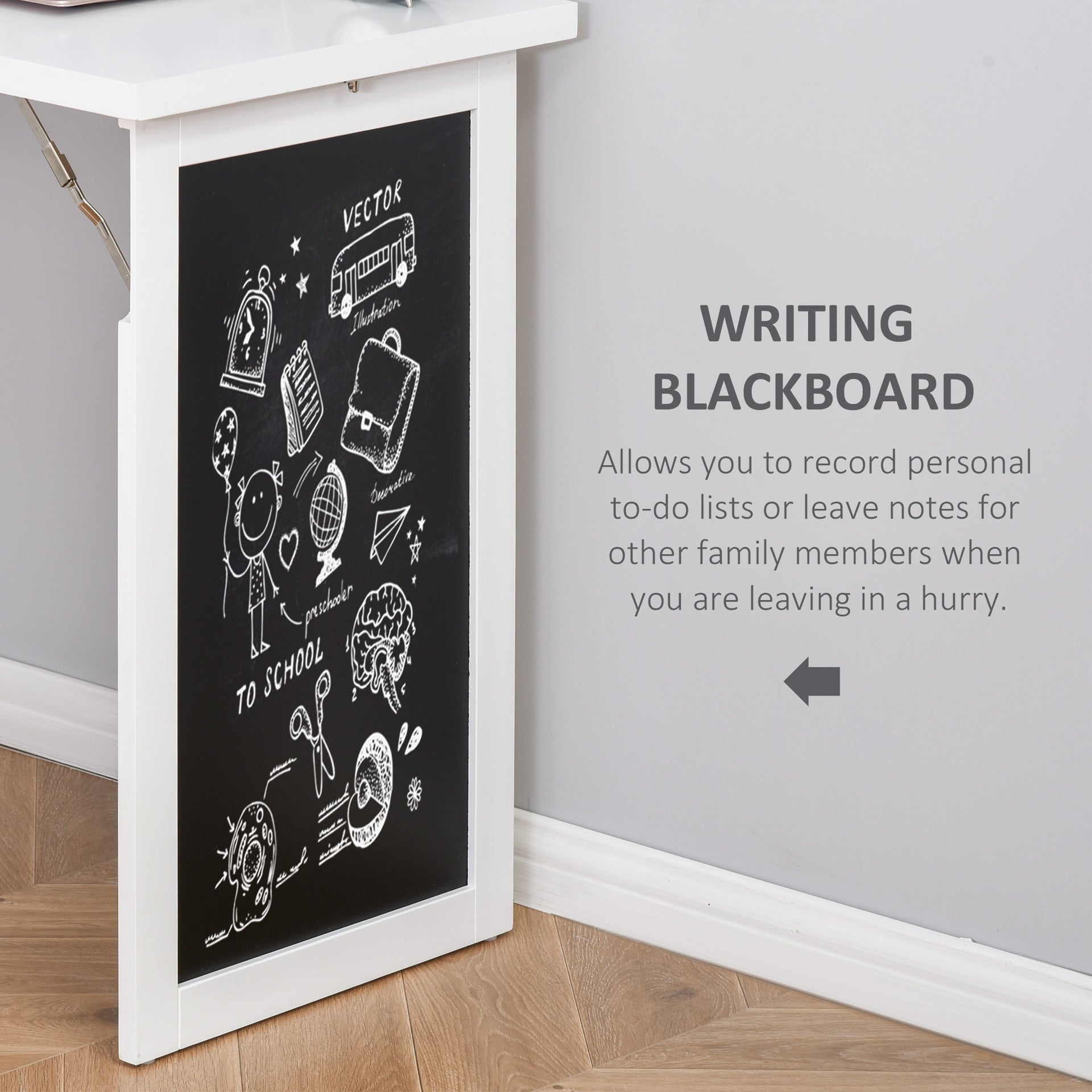 HOMCOM Fold-out Convertible Writing Table Wall Mount Desk Cabinet with Blackboard and Side Shelf Multi-Function Home Office Workstation, White